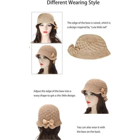 Women Winter Crochet Bucket Hat Bow Khaki
